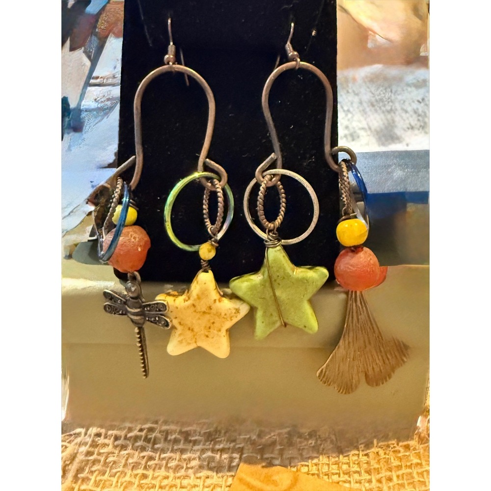 Boho Artisan Earring Mixed Media Star Dragonfly Eclectic